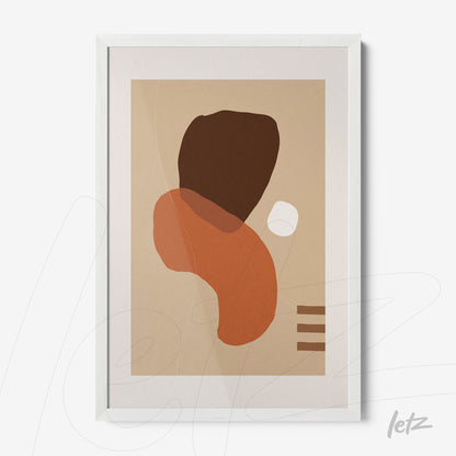 quadro com arte abstrata de formas orgânicas em tons terrosos emoldurado em madeira branca