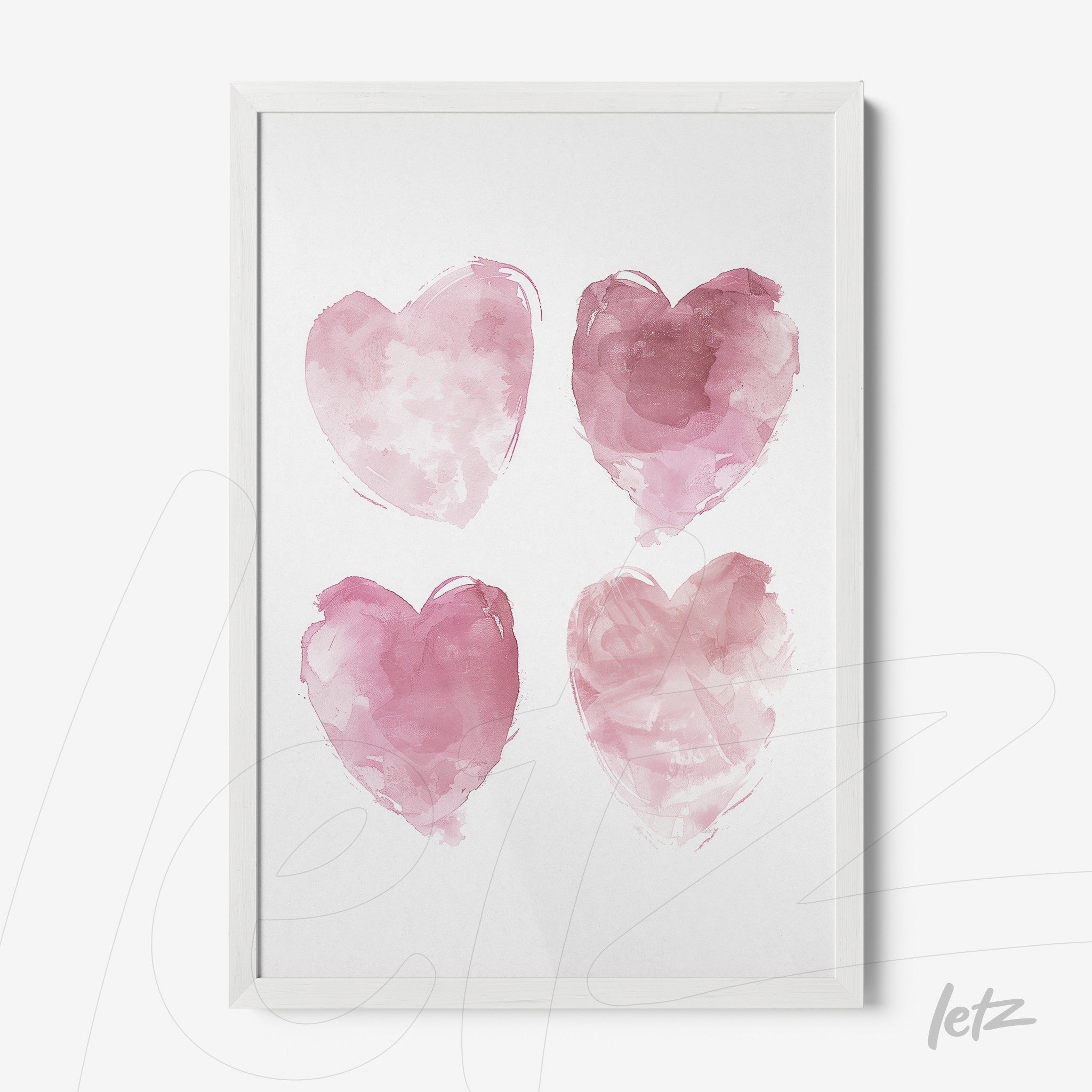 quadro com quatro corações em aquarela rosa em moldura branca
