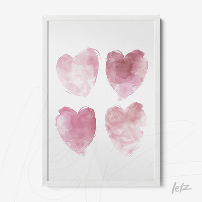 quadro com quatro corações em aquarela rosa em moldura branca