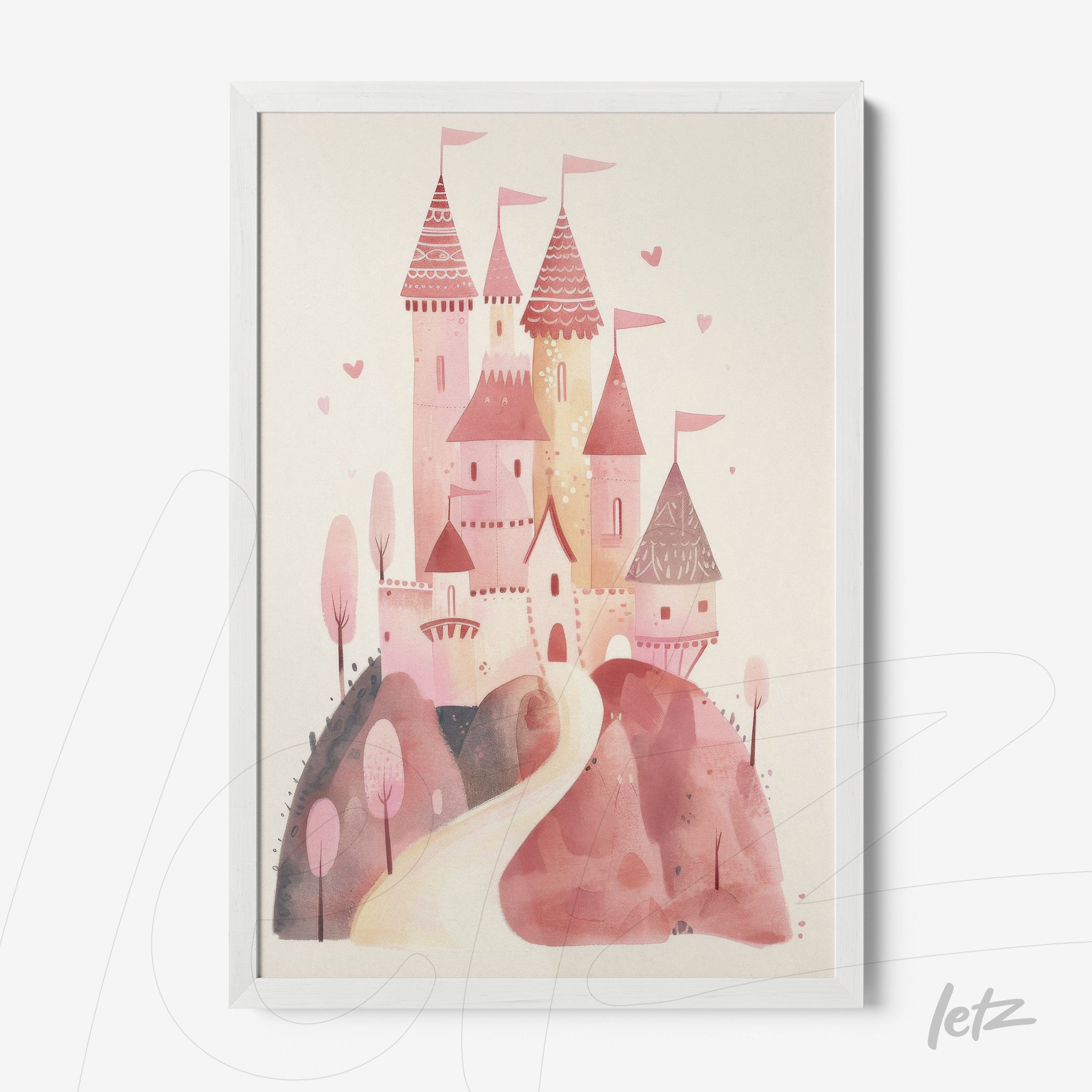 quadro com ilustração infantil de castelo rosa com torres e bandeirinhas em moldura branca