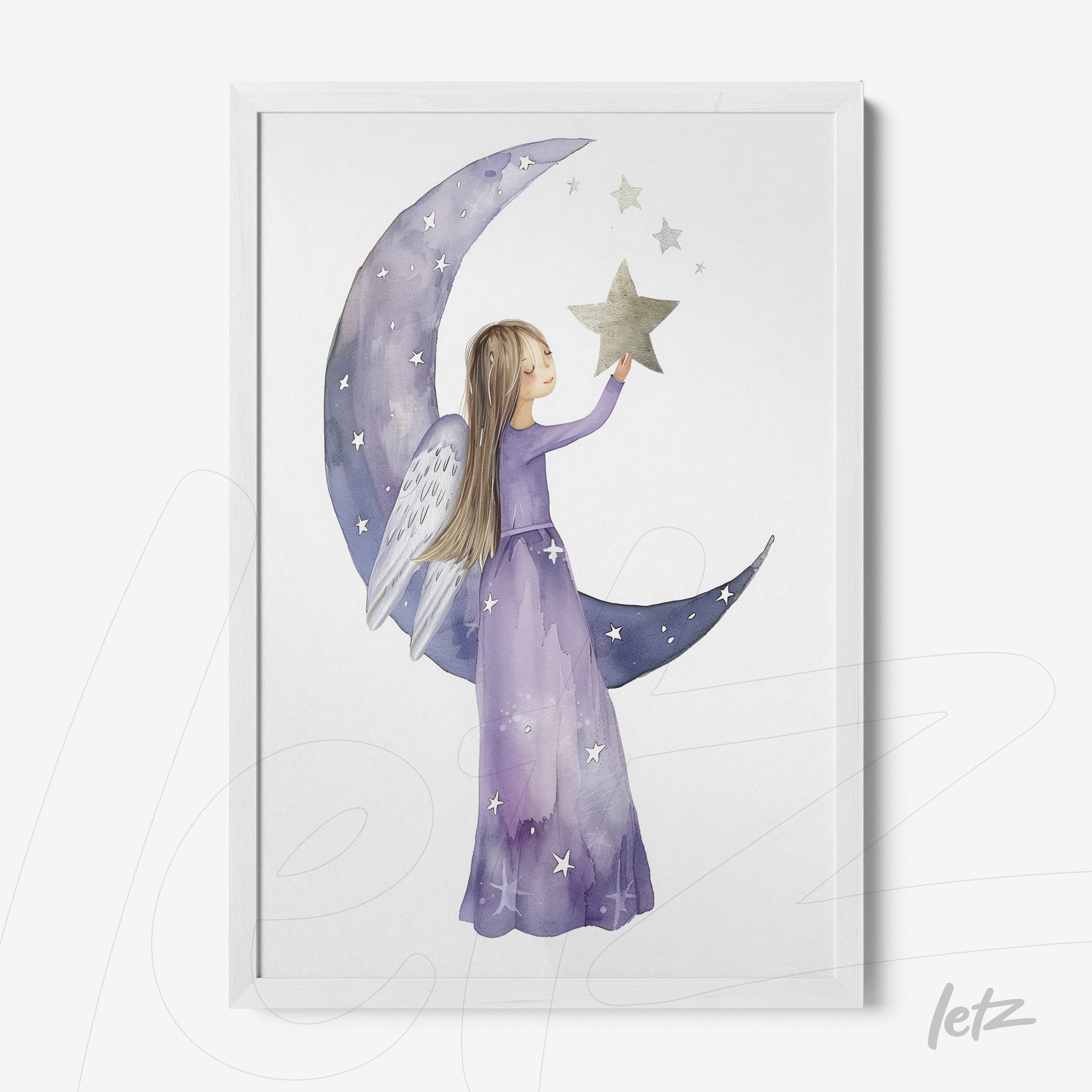quadro emoldurado com ilustração de menina com asas, vestindo vestido roxo e segurando estrela sob a lua crescente