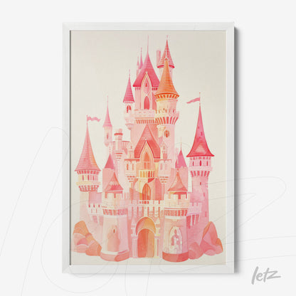 quadro com ilustração de castelo rosa com torres em tons de coral e rosa, moldura branca