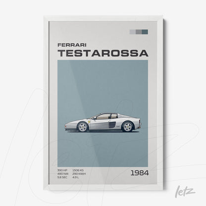 quadro com ilustração estilizada da Ferrari Testarossa em moldura branca