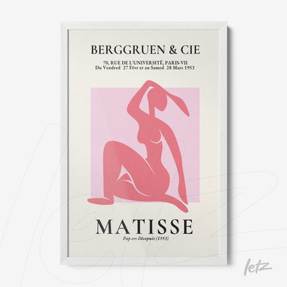 quadro com arte moderna de figura feminina em tons rosa e fundo em cores suaves, moldura branca