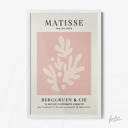 quadro com arte do artista Henri Matisse em fundo rosa suave, moldura branca e texto estilizado em preto