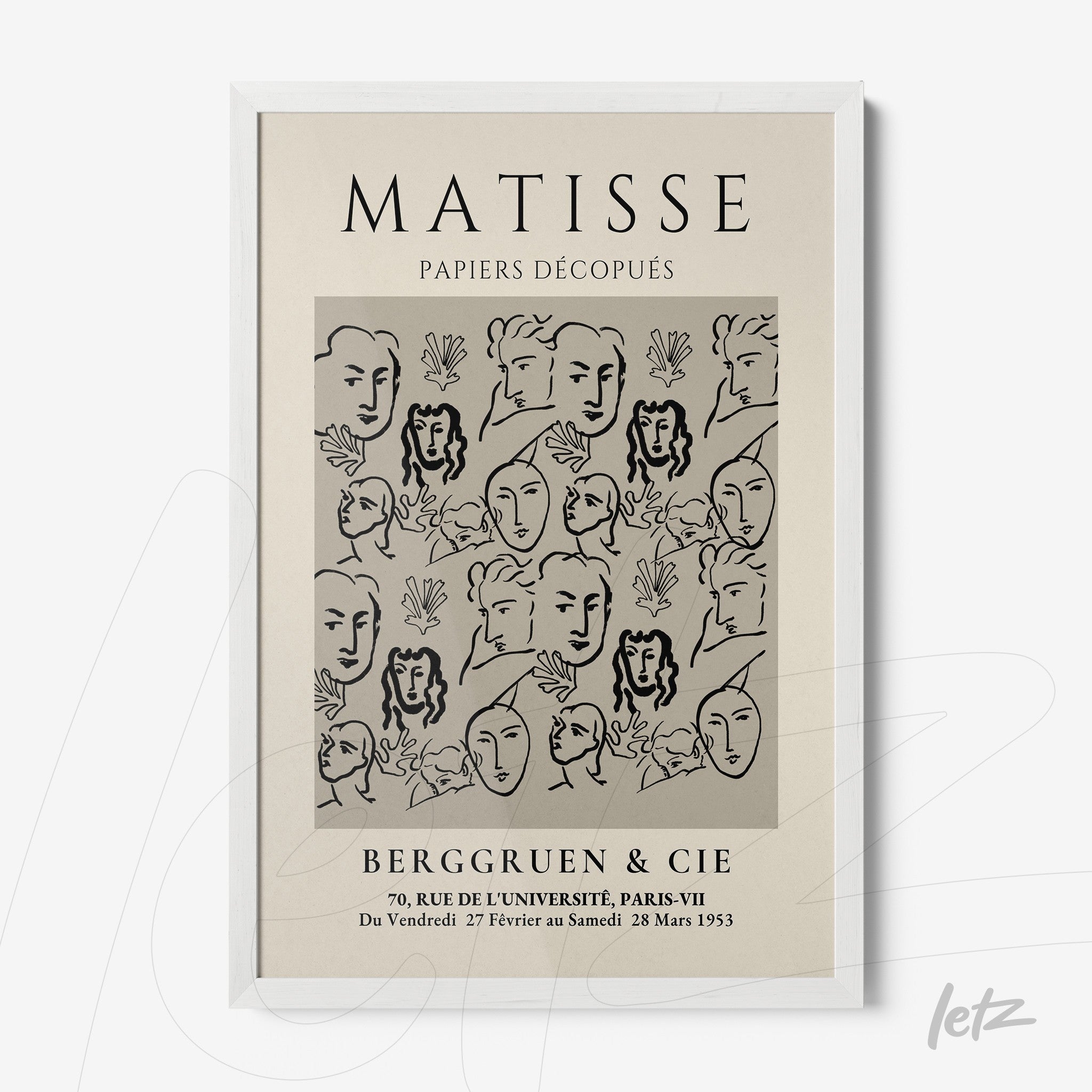 quadro com arte de Henri Matisse com rostos estilizados, em moldura branca