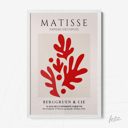 quadro com arte moderna inspirada em Matisse, apresentando formas abstratas em vermelho sobre fundo claro, com moldura branca