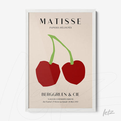 quadro com arte abstrata de cerejas em vermelho no estilo de Matisse, com moldura branca