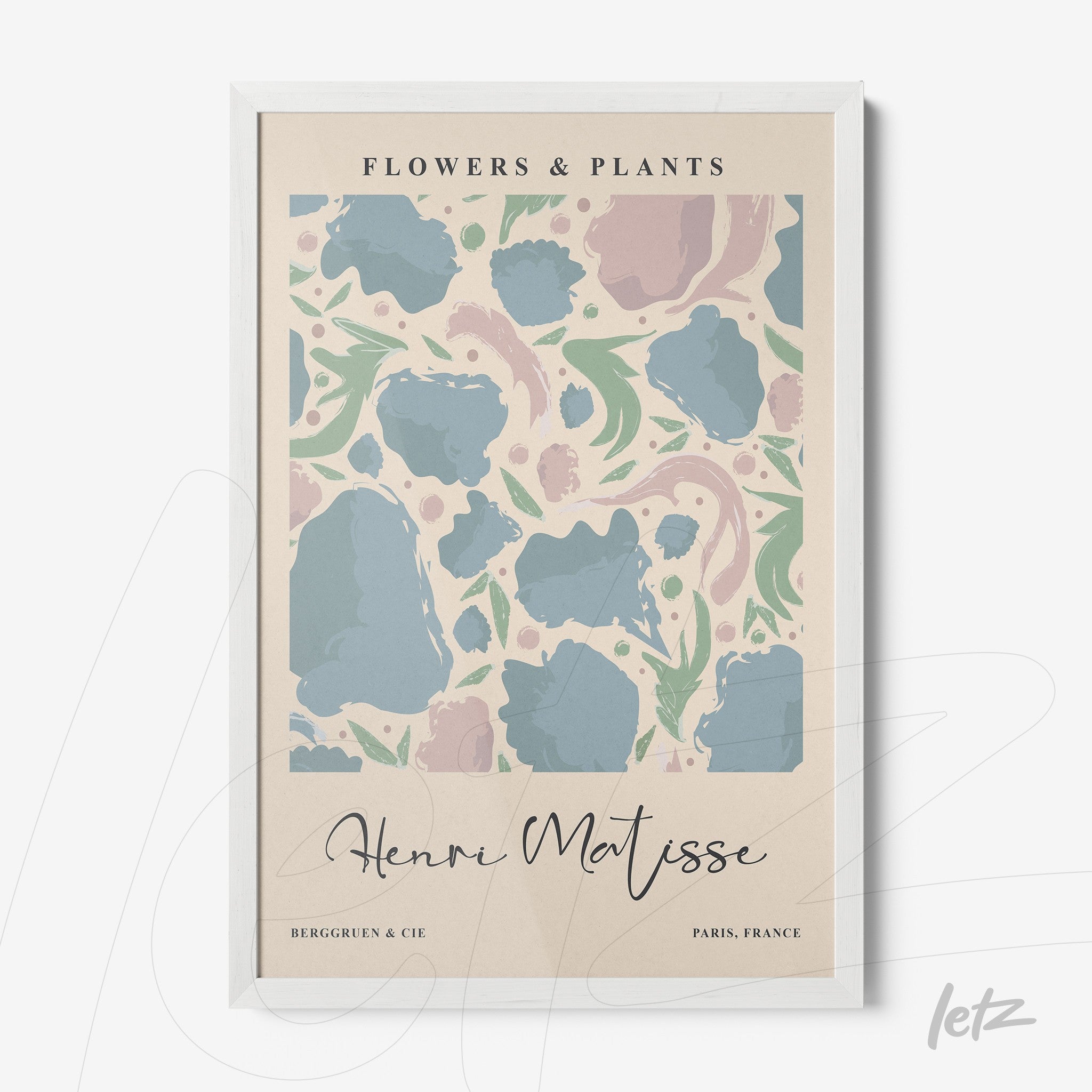 quadro com arte abstrata de flores em moldura branca com fundo claro