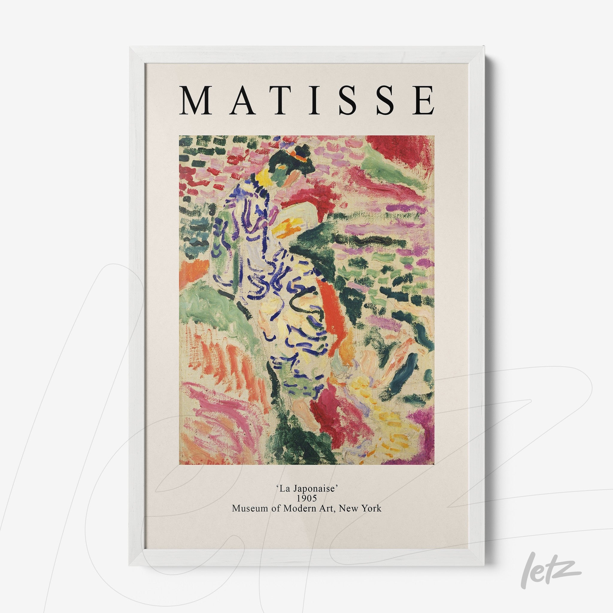 quadro com arte de Matisse intitulado 'La Japonaise', moldura branca, fundo claro com textura sutil e elementos coloridos