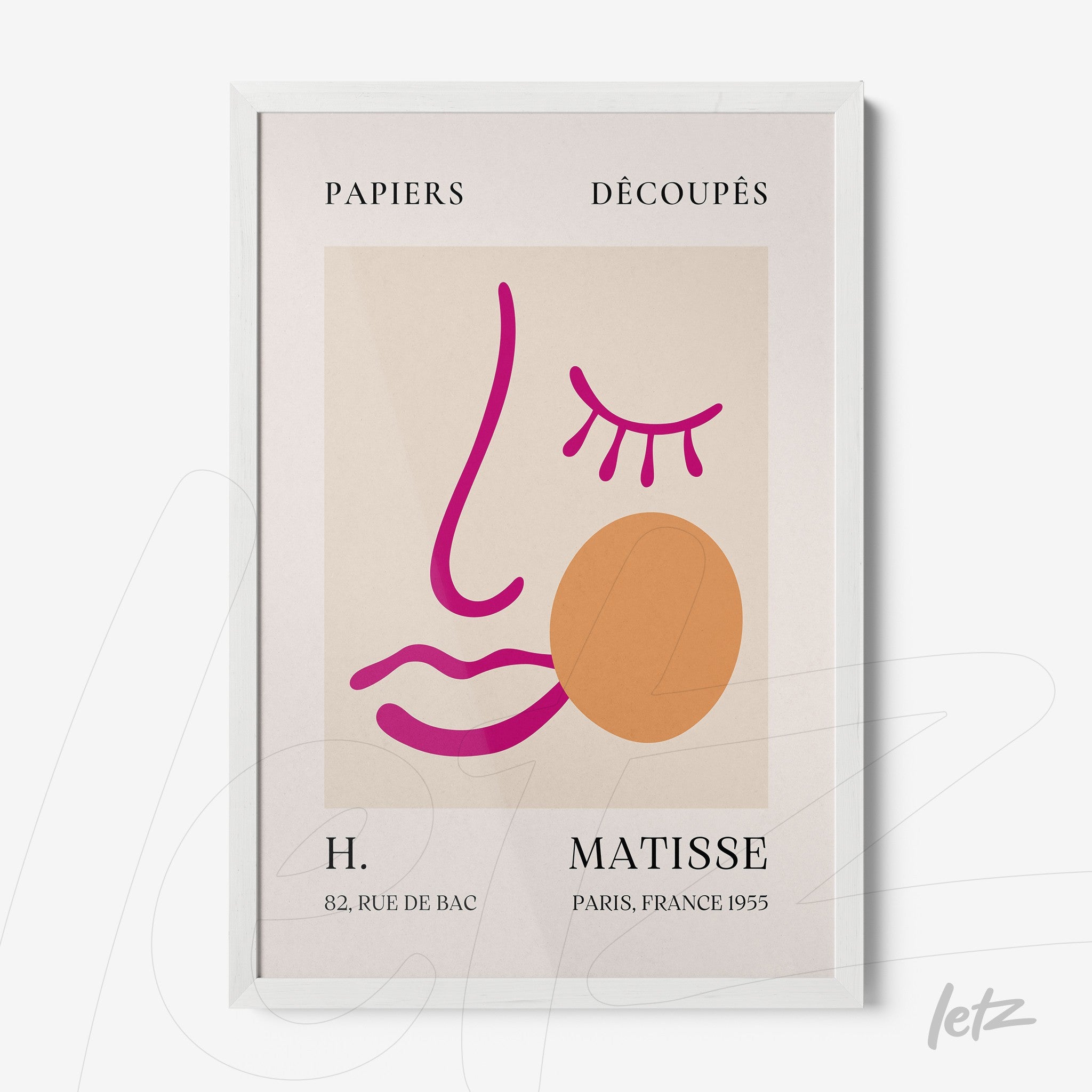 quadro com arte minimalista representando um rosto estilizado, com traços em rosa e laranja, moldura branca