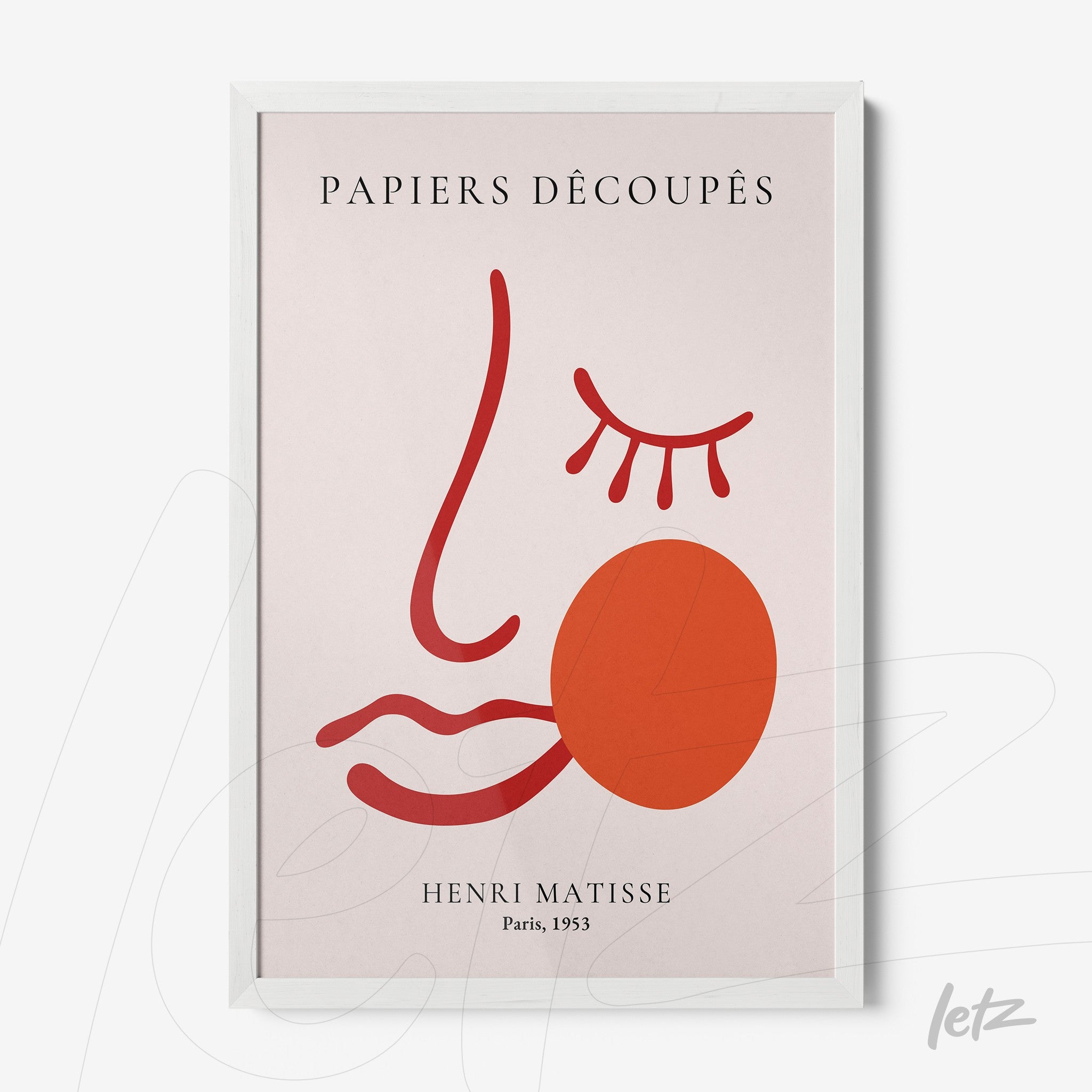 quadro com arte moderna em estilo minimalista, destacando rosto estilizado com formas abstratas em fundo claro, moldura branca