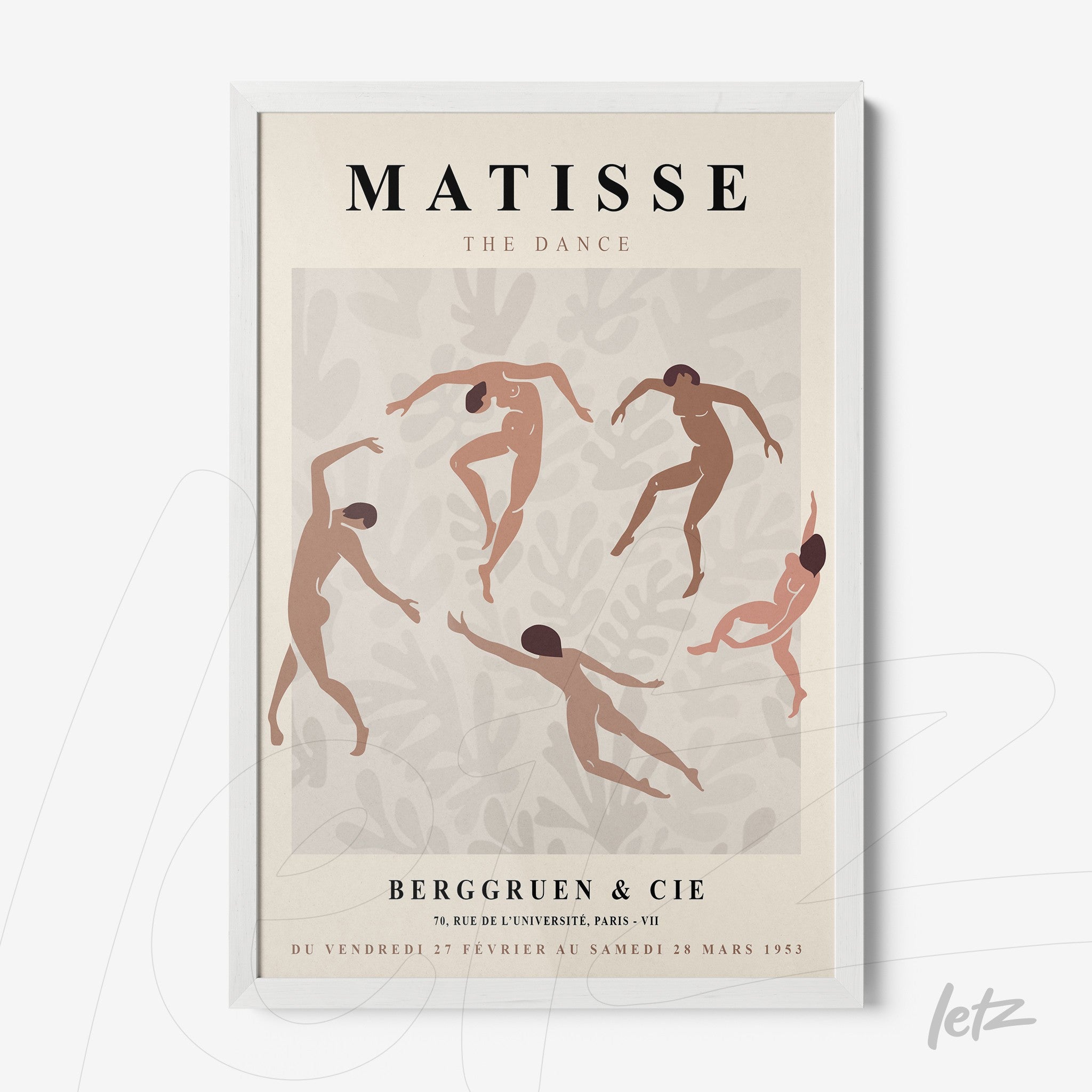 quadro com arte inspirada em Matisse mostrando dançarinos em estilos abstratos sobre fundo rosa claro em moldura branca