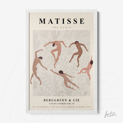 quadro com arte inspirada em Matisse mostrando dançarinos em estilos abstratos sobre fundo rosa claro em moldura branca