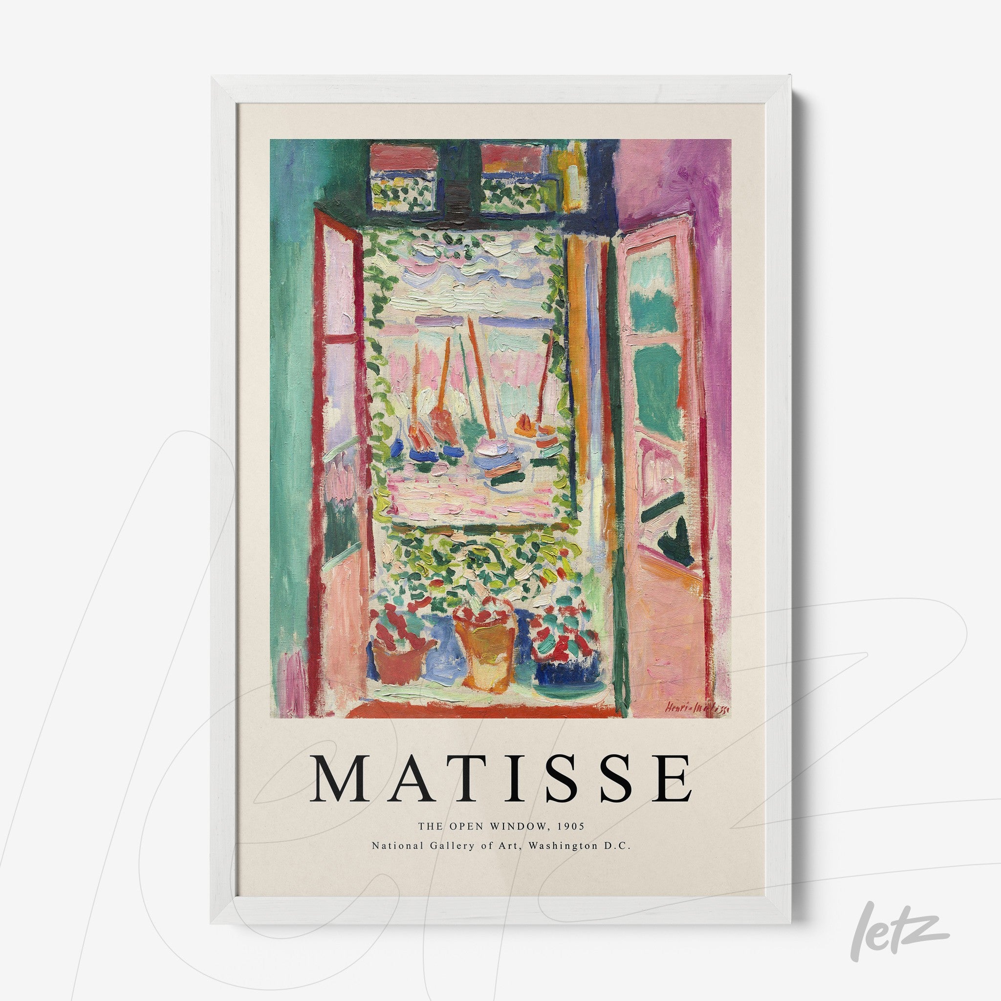 quadro com arte de Henri Matisse representando uma janela aberta com vista para um jardim florido em moldura branca