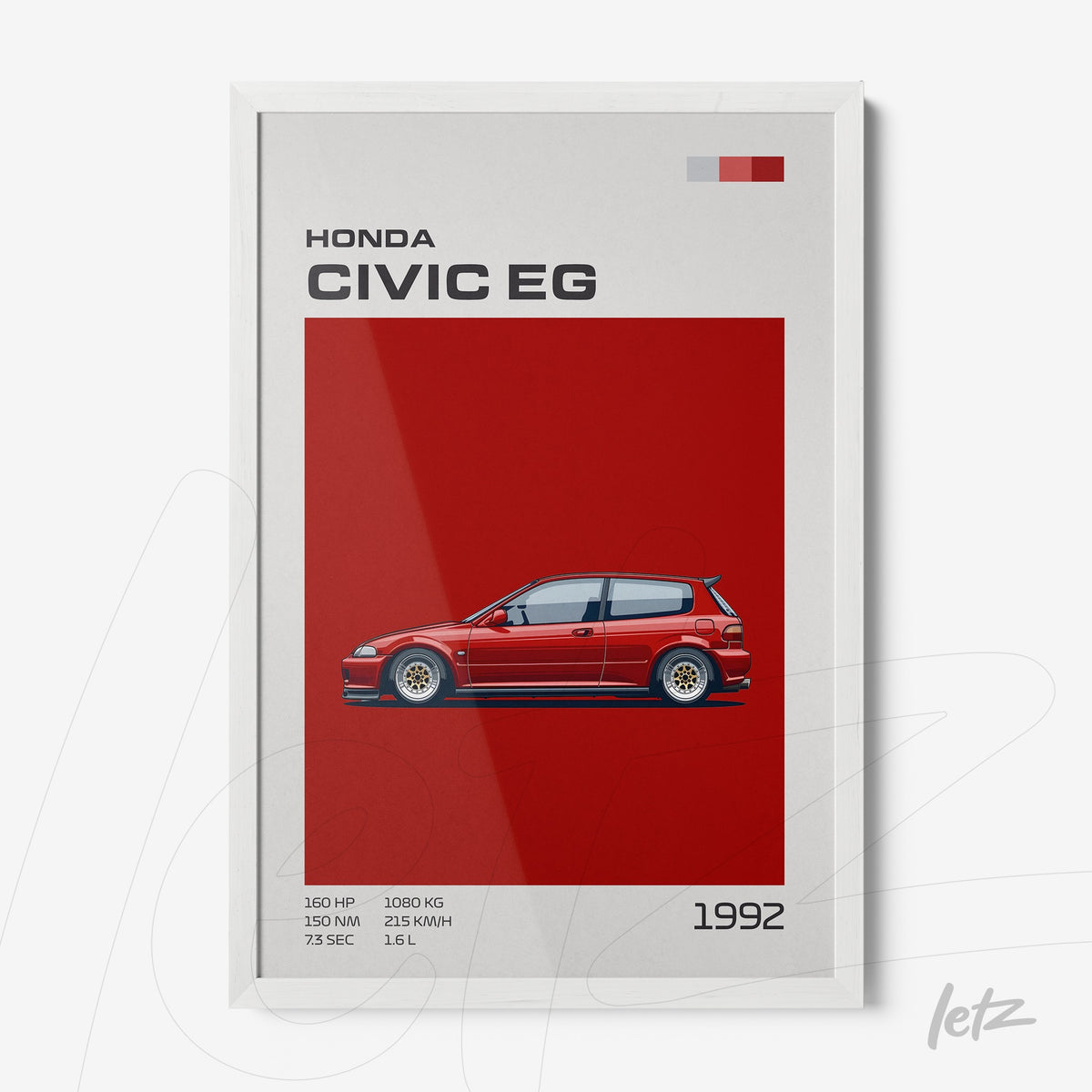 quadro com arte digital de carro Honda Civic EG 1992 em fundo vermelho e moldura branca