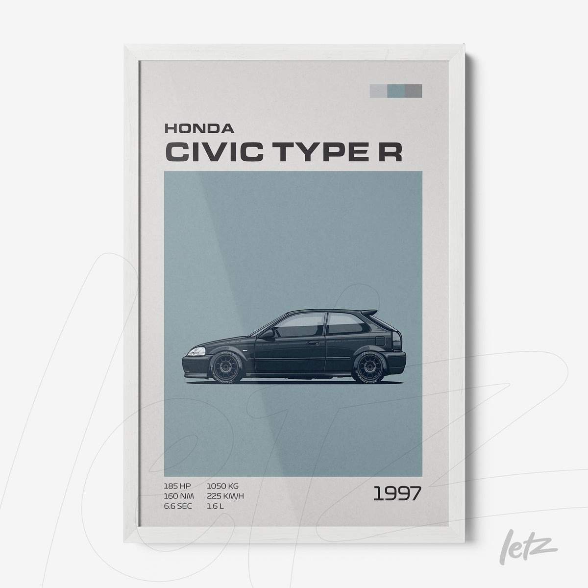 quadro emoldurado com ilustração do carro Honda Civic Type R de 1997 em moldura branca