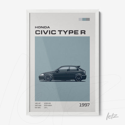 quadro emoldurado com ilustração do carro Honda Civic Type R de 1997 em moldura branca