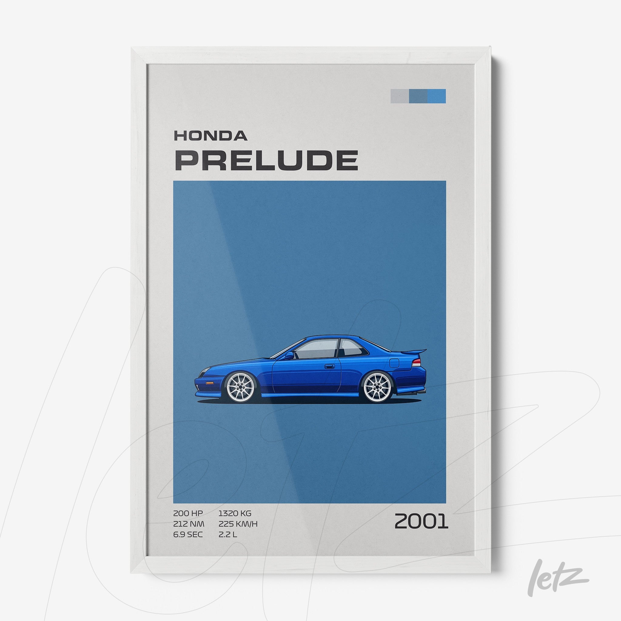 quadro com ilustração estilizada de um carro Honda Prelude 2001 em moldura branca
