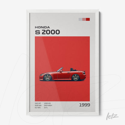 quadro com arte minimalista do carro Honda S2000 em fundo vermelho e moldura branca