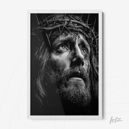 quadro com arte em preto e branco do rosto de Cristo com coroa de espinhos em moldura branca