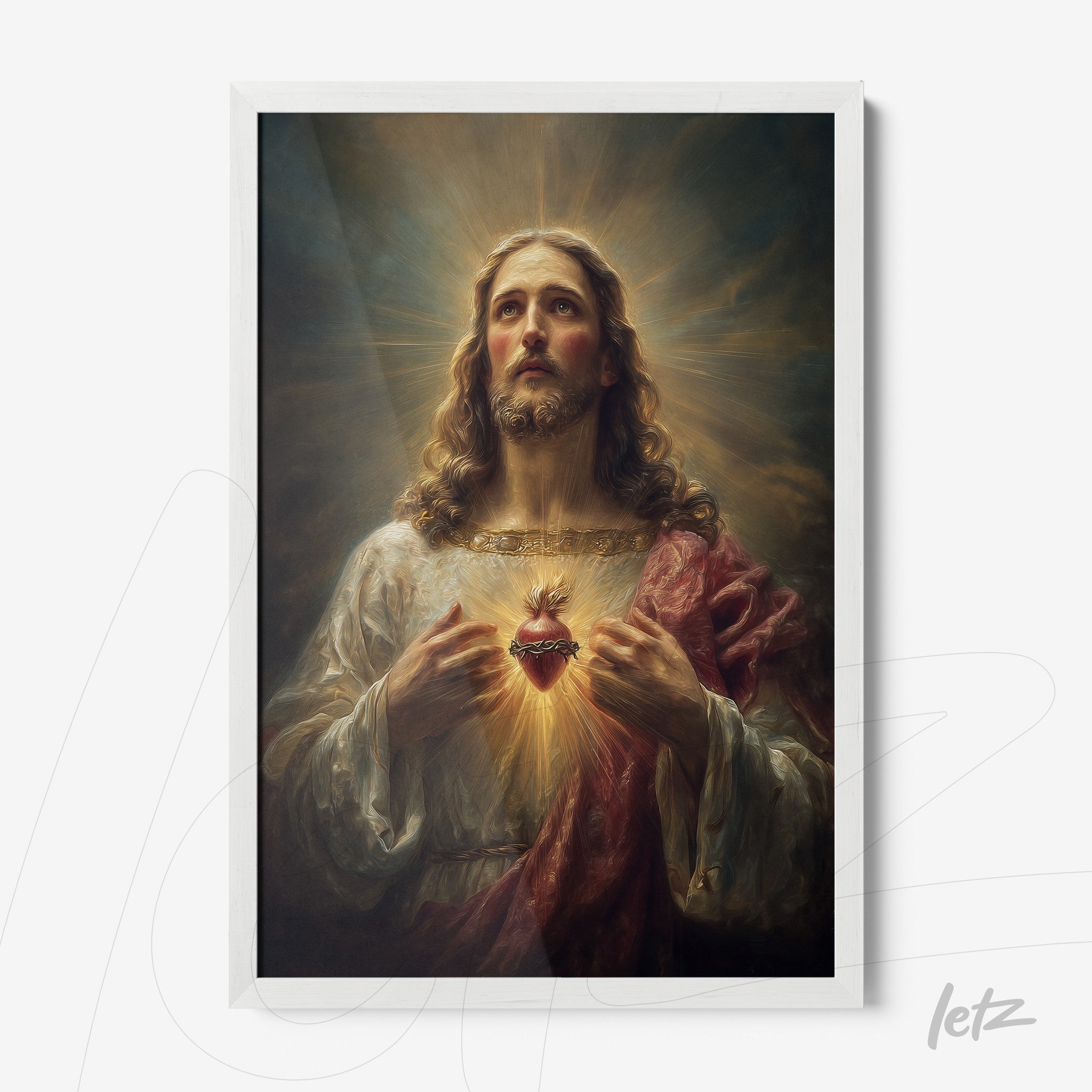 quadro com imagem de Jesus Cristo em moldura branca retratando o Sagrado Coração