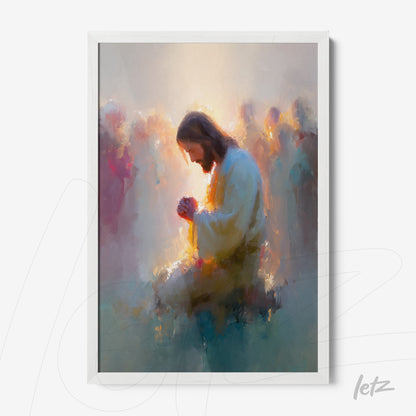 quadro com arte digital de Jesus em posição de oração com fundo suave e difuso em tons de pastel, moldura branca