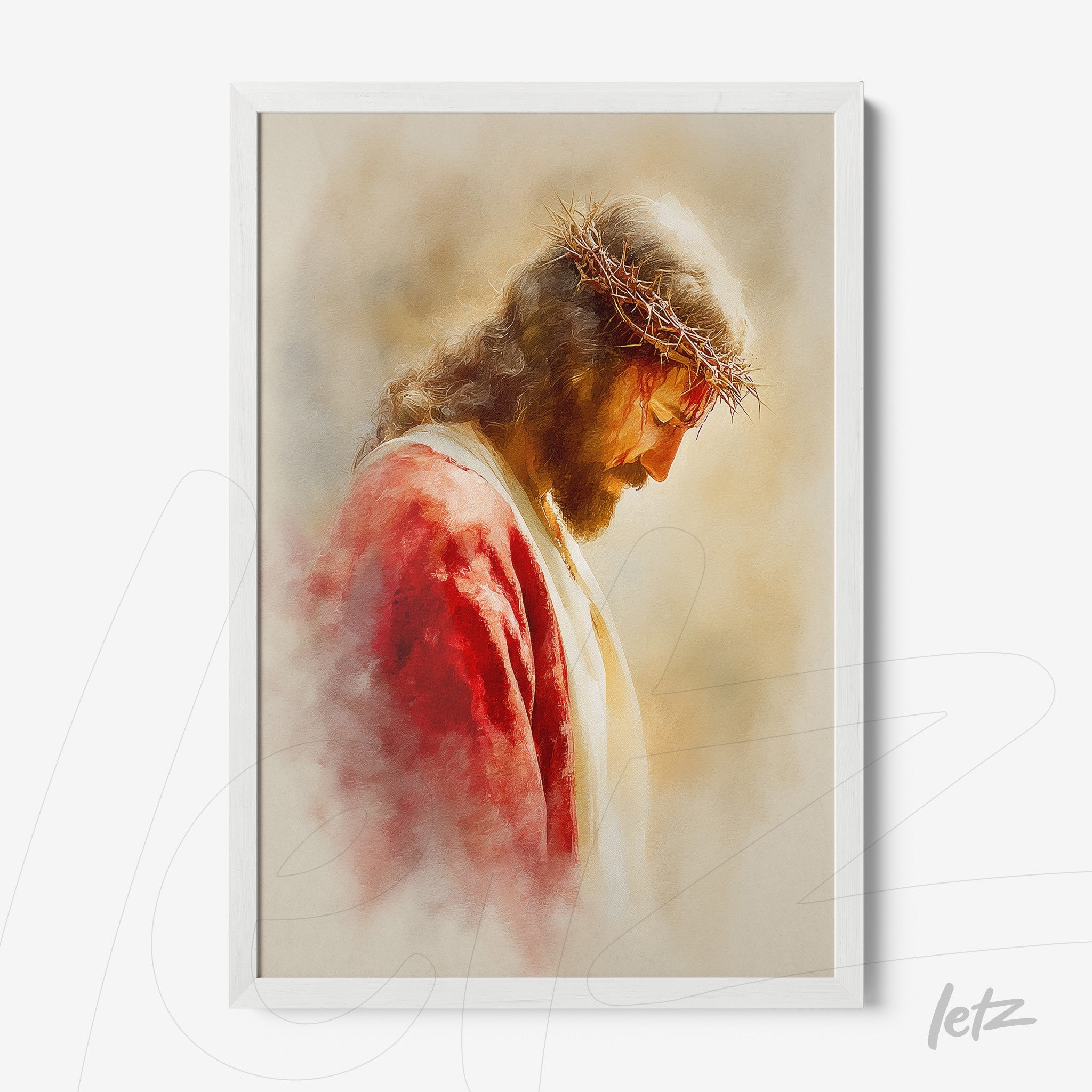 quadro com arte religiosa retratando Jesus Cristo com coroa de espinhos em moldura branca