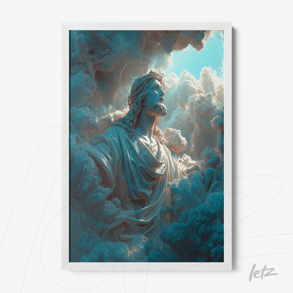 quadro com arte digital de figura celestial envolta em nuvens volumosas em moldura branca
