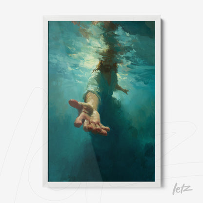 quadro com arte impressionista de uma mão emergindo de água azul em moldura branca