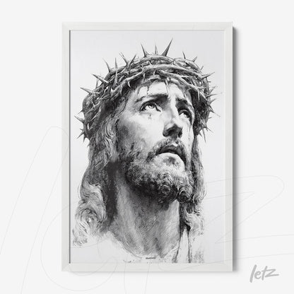 quadro com retrato detalhado de Jesus Cristo usando coroa de espinhos em moldura branca