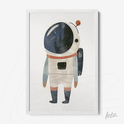 quadro com ilustração de astronauta em traje espacial com fundo estelar, moldura branca