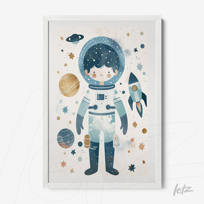 quadro com ilustração infantil de astronauta em fundo espacial com planetas e foguete, moldura branca