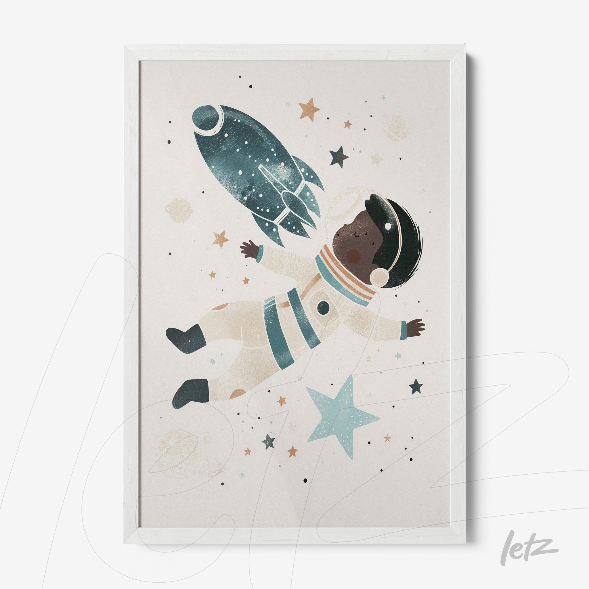 quadro com ilustração de astronauta negro flutuando no espaço rodeado por estrelas e uma nave espacial em fundo claro