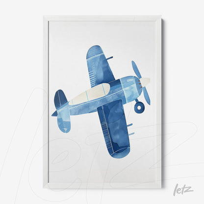 quadro com ilustração aquarelada de um avião azul sobre fundo branco e moldura branca