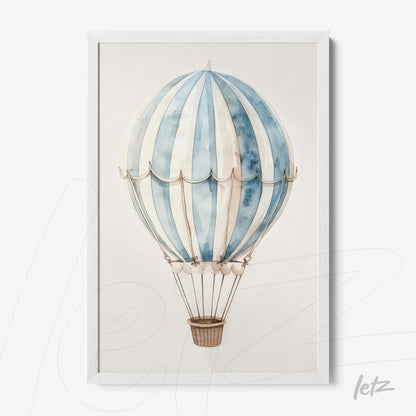 quadro com ilustração de balão de ar quente em tonalidades de azul e branco com moldura branca