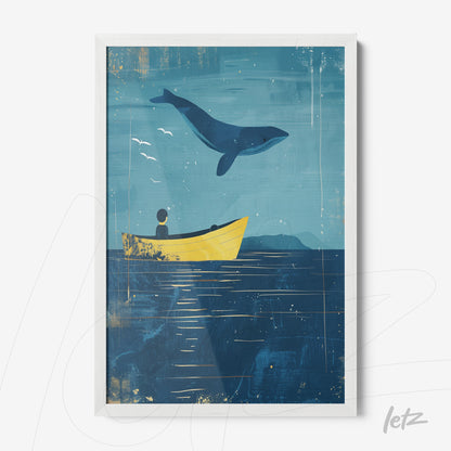 quadro com ilustração de uma pessoa em um barco amarelo olhando para uma baleia emergindo das águas com fundo azul escuro