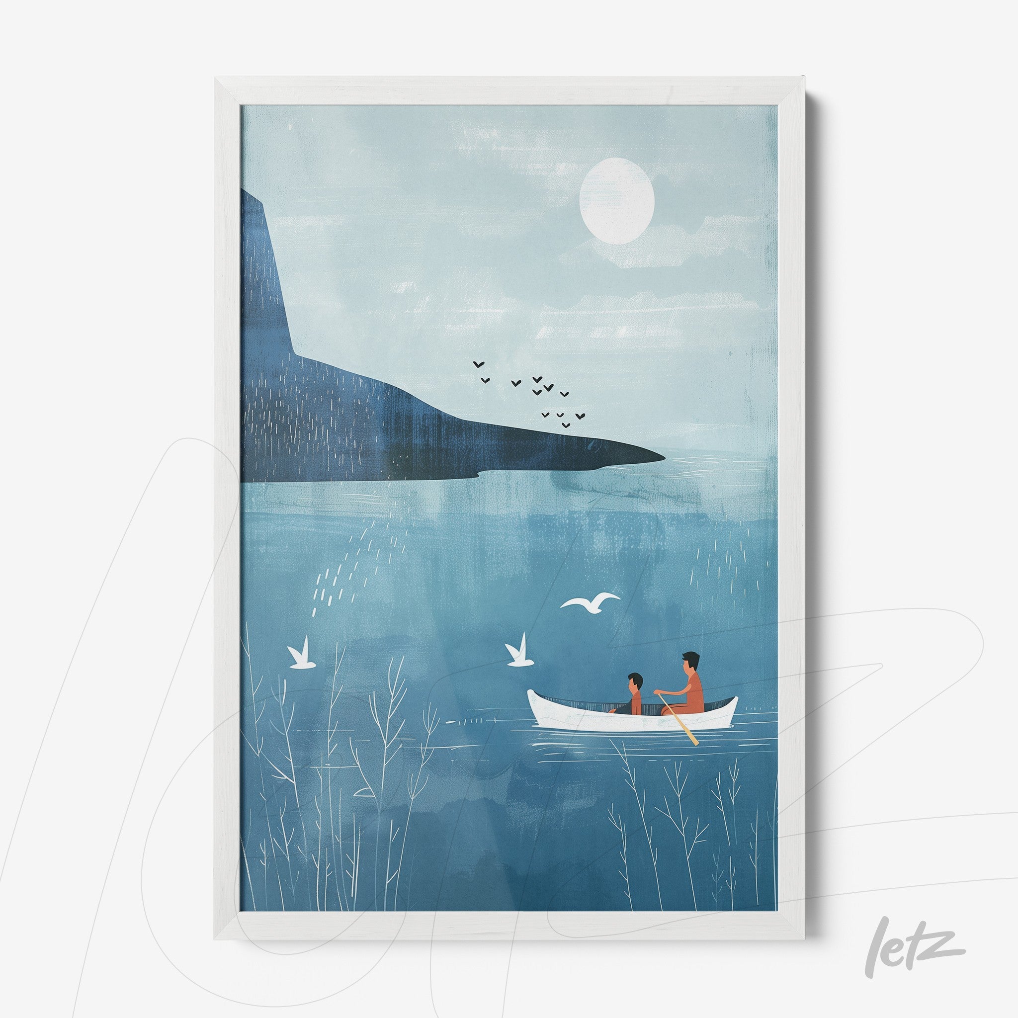 quadro com ilustração minimalista de casal em barco sobre lago azul com montanha ao fundo em moldura branca