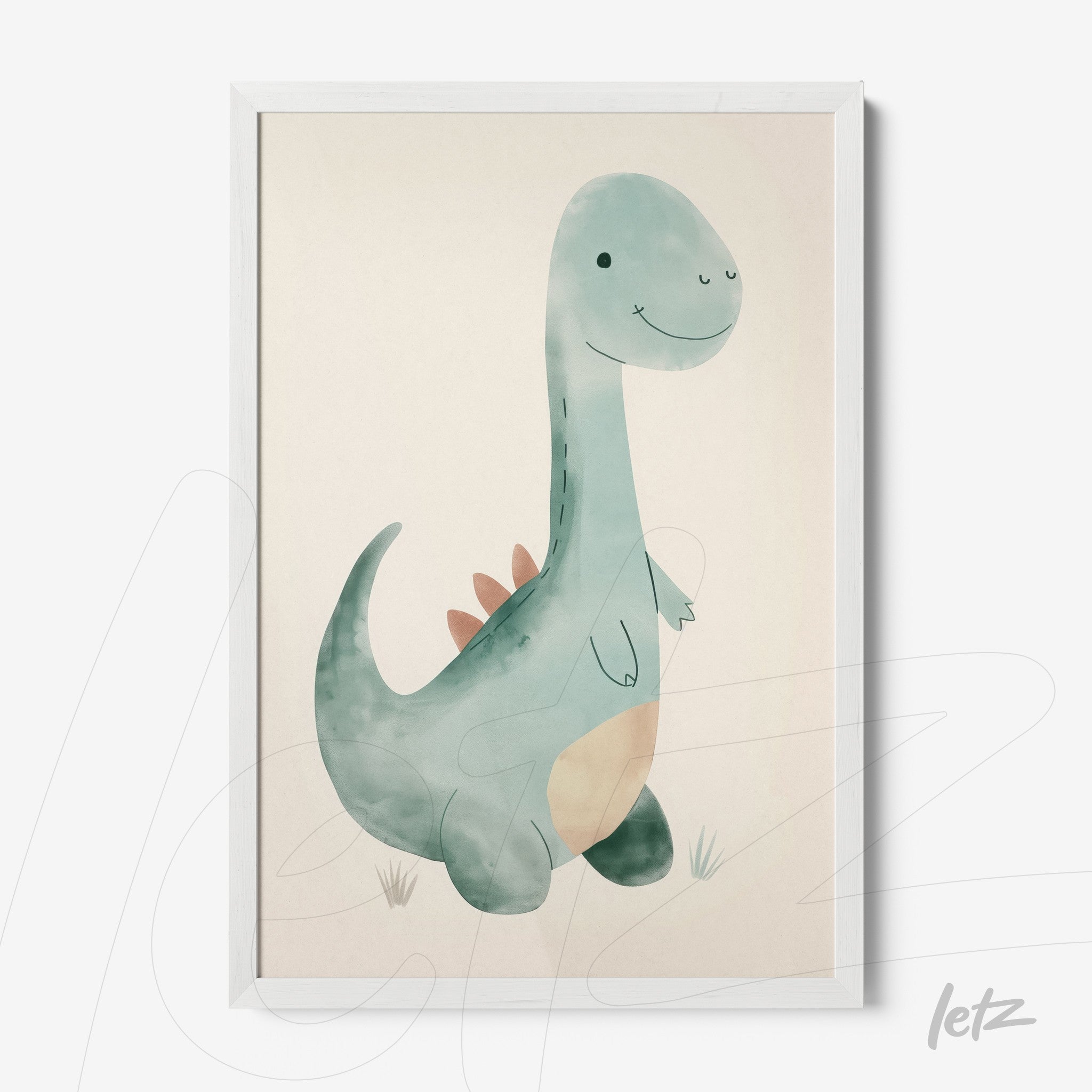 quadro com arte infantil de dinossauro em moldura branca