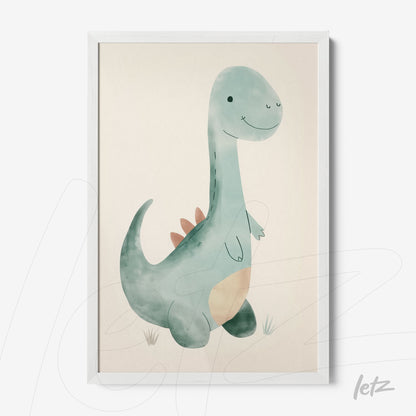 quadro com arte infantil de dinossauro em moldura branca