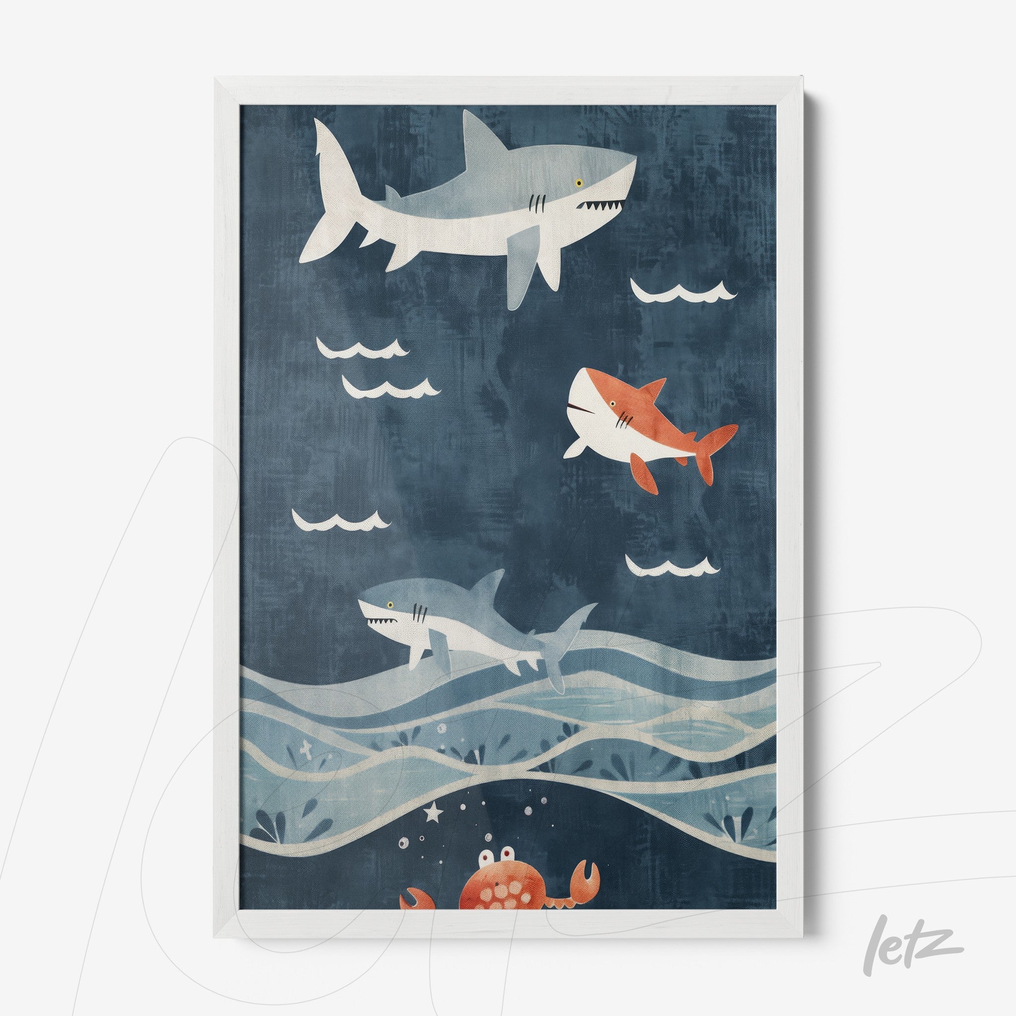 quadro com ilustração de tubarões nadando em um fundo azul escuro com ondas e um detalhe de caranguejo vermelho na parte inferior, em moldura branca