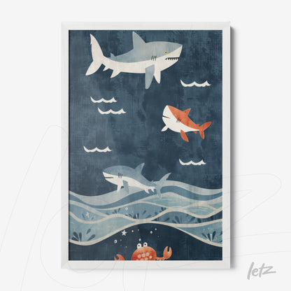 quadro com ilustração de tubarões nadando em um fundo azul escuro com ondas e um detalhe de caranguejo vermelho na parte inferior, em moldura branca