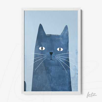 quadro com ilustração de gato azul estilizado em moldura branca