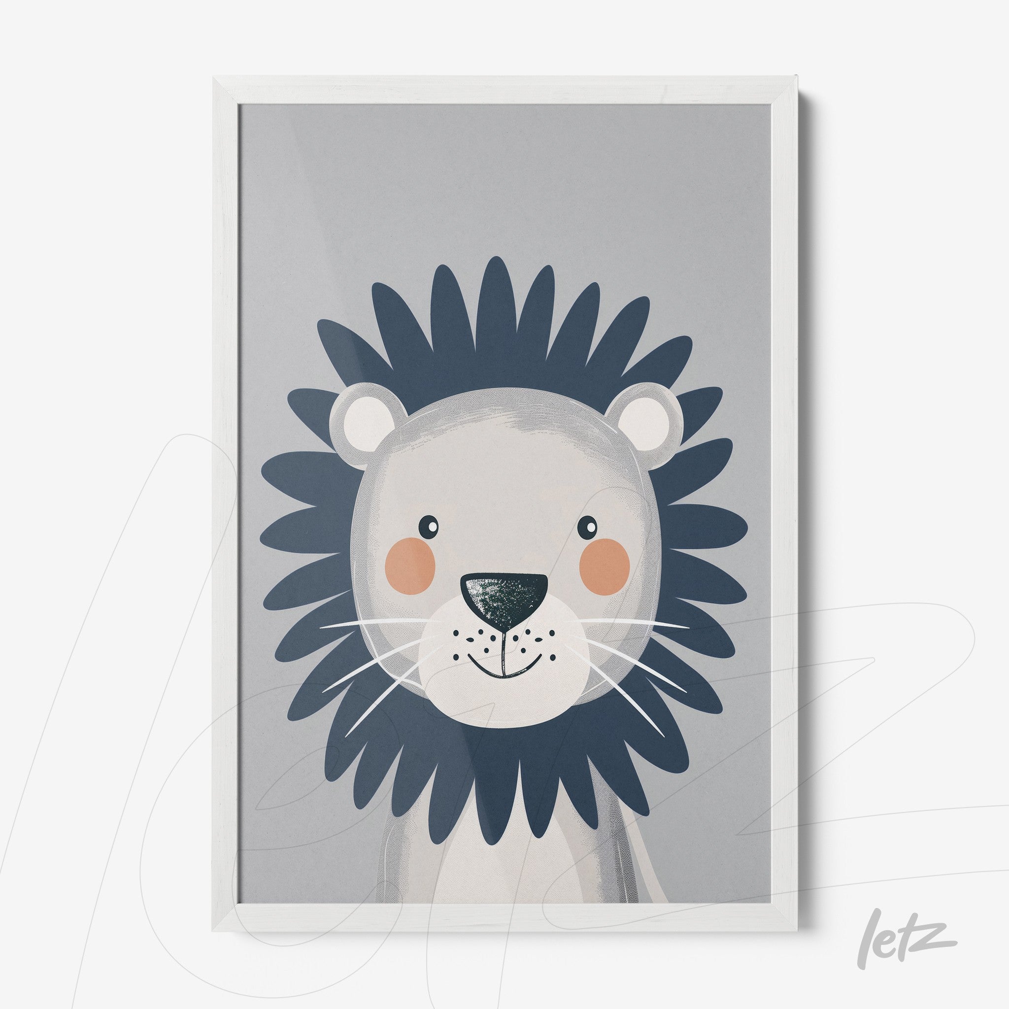 quadro com ilustração de leão estilizado em moldura branca, fundo cinza suave