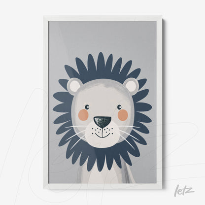 quadro com ilustração de leão estilizado em moldura branca, fundo cinza suave