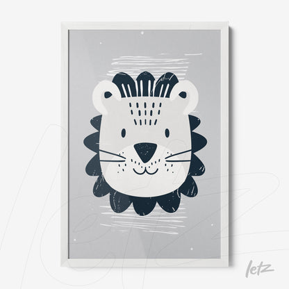 quadro com arte infantil de leão em fundo cinza com moldura branca