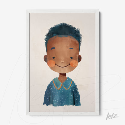 quadro com ilustração de retrato de criança com cabelo cacheado e roupa azul em moldura branca