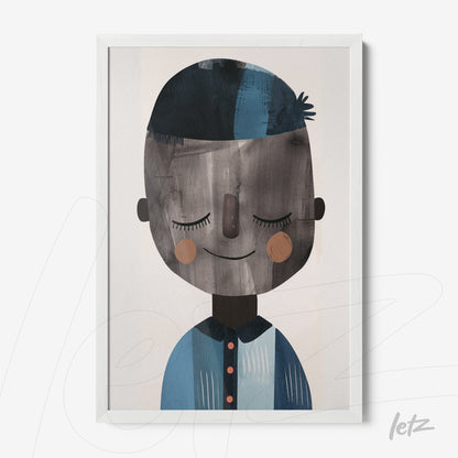 quadro com ilustração de personagem sorridente em tons de azul e cinza, moldura branca