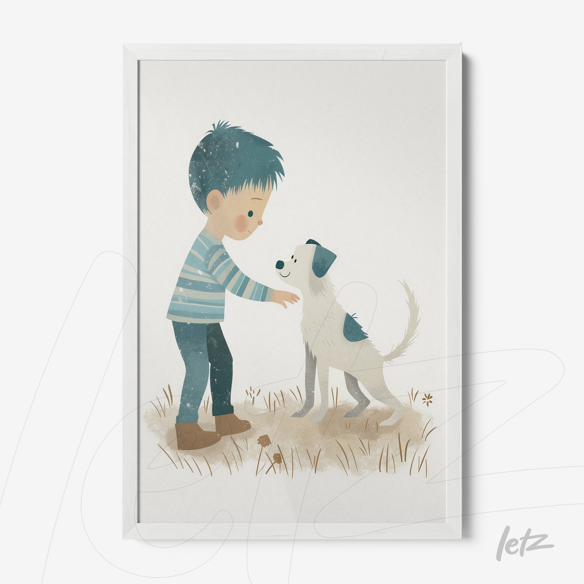 quadro com ilustração infantil de menino em camiseta listrada interagindo com um cachorro em um fundo de grama