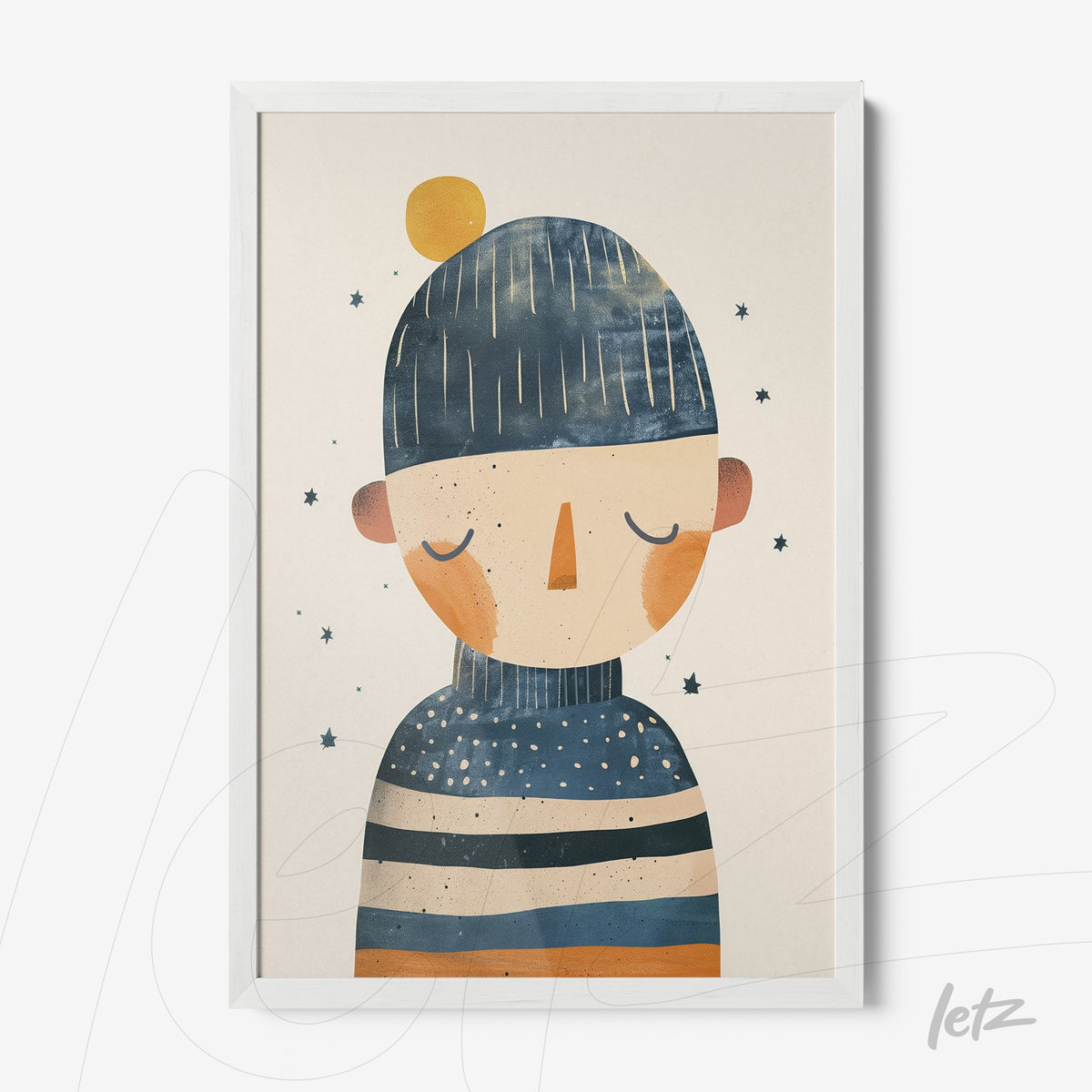 quadro com ilustração de uma figura humana com chapéu azul e listras em tons variados, em moldura branca